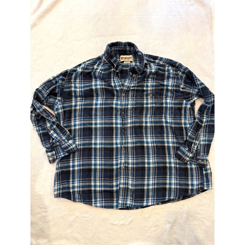 Wrangler Rugged Wear Mens 3XL Blue Plaid Flannel Button Down Shirt RWL89BL